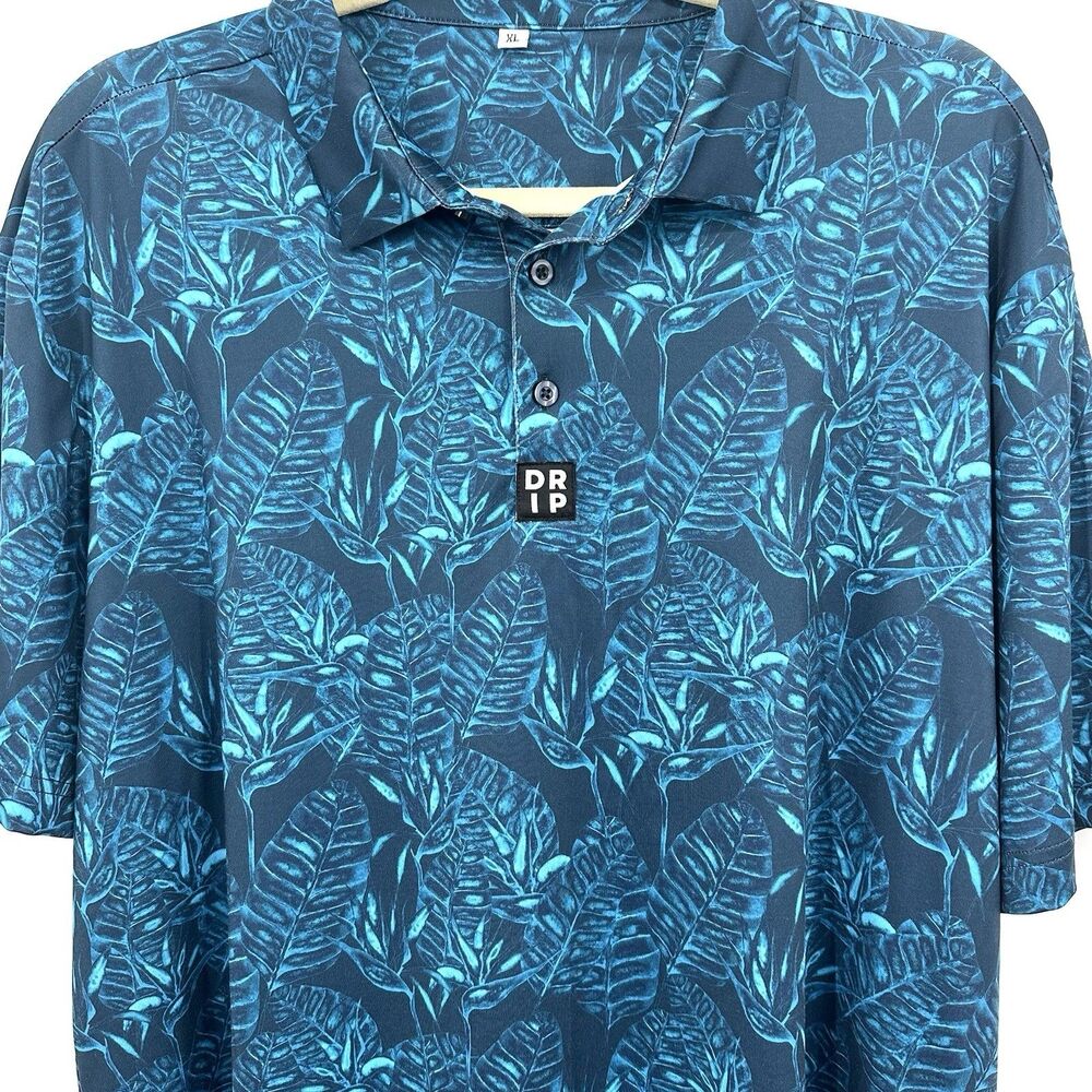DRIP Mens XL Golf Polo Shirt Blue Tropical Leaf Print Stretch Performance Aloha